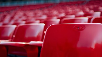 Fototapeta premium Red seats on the grandstand of the football stadium.