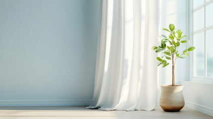 Elegant shimmering drapes cascading from a tall window, reflecting soft light to create a serene and luxurious atmosphere.