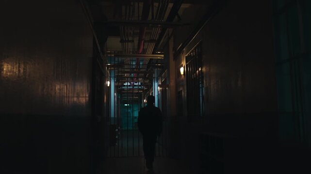 교도소의 어두운 복도를 걷는 사람