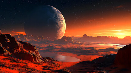 Fototapeta premium A stunning alien landscape with a large planet in the sky during a vibrant sunset.