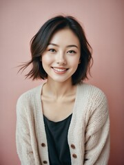Beautiful asian woman wearing cardigan in pastel color look with paster background.