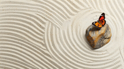A vibrant butterfly resting on a rock in a Zen garden, surrounded by carefully raked sand patterns. This image symbolizes tranquility, mindfulness, and the beauty of nature.