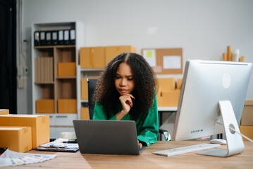 Young Asian owner woman prepare parcel box  woman is stressed, bored, and overthinking from working