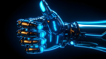 A futuristic robotic hand giving a thumbs-up in glowing blue and orange colors.