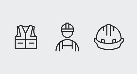 Construction safety icons. Construction safety trendy minimal icons set. Safety Vest, Construction Worker, Hard Hat icon. Design signs for web page, mobile app, packaging design. Vector illustration.