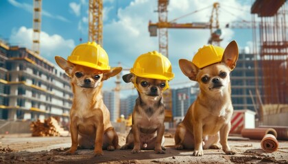 Three construction worker chihuahuas wearing hard hats at a building site on a sunny day