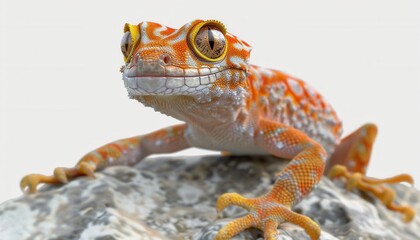 Colorful orange gecko resting on a rock with bright eyes in natural light