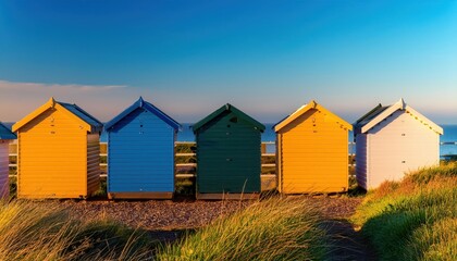 Vibrant coloured beach huts lined up along a beach on a sunny day
