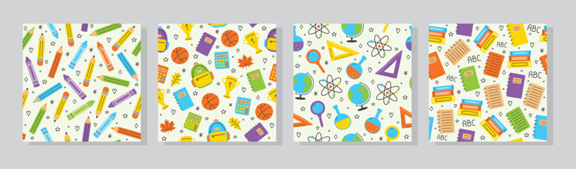 School background set. Seamless pattern with hand drawn icons. Vector illustration