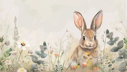 A curious rabbit among wildflowers in a serene meadow during springtime