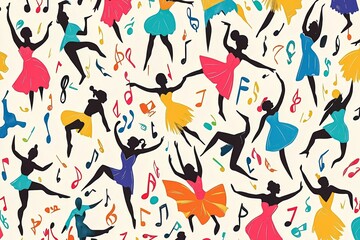 Seamless pattern of graceful women dancing with musical notes, celebrating hispanic heritage month with vibrant energy