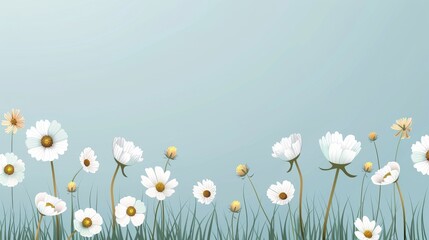 A meadow with flowers under a clear sky, minimalist style, basic and uncomplicated, 2D vector illustration