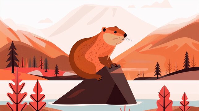 A beaver constructing a dam, minimalist style, clean lines, 2D vector illustration, simple and plain design, muted colors