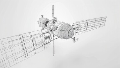 Detailed wireframe model of a space satellite with solar panels and antennas in low detail