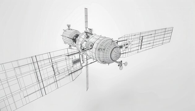 Detailed wireframe model of a space satellite with solar panels and antennas in low detail