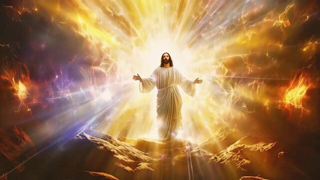 Detailed Artistic Depiction of the Resurrection of Jesus Christ, Capturing the Divine and Holy Moment of His Rising -- 4k new stock video footage AI
