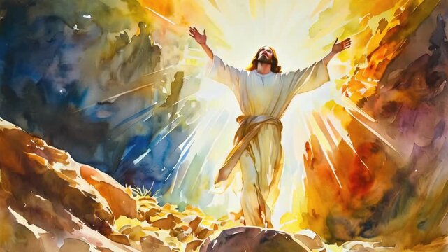 Detailed Artistic Depiction of the Resurrection of Jesus Christ, Capturing the Divine and Holy Moment of His Rising -- 4k new stock video footage AI