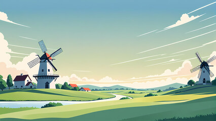 Vector tranquil countryside with a scenic windmill Anime clean style Background design