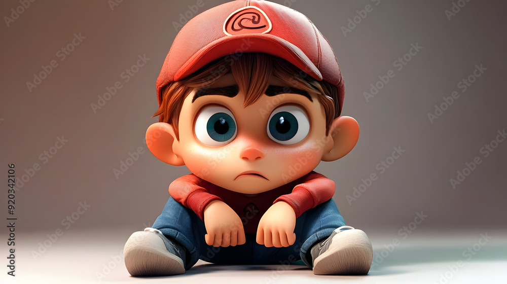 Poster A sad cartoon boy sitting on the floor, expressing emotion with large eyes.