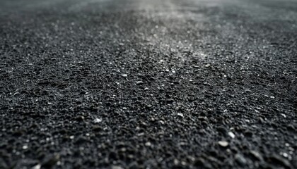 Close-up view of a textured asphalt road surface with water droplets after a rainfall