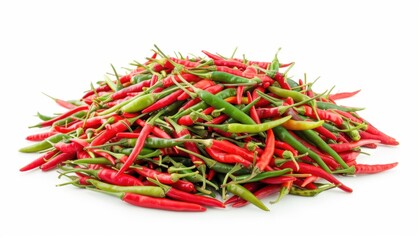 A vibrant pile of fresh red and green chili peppers ready for cooking or seasoning