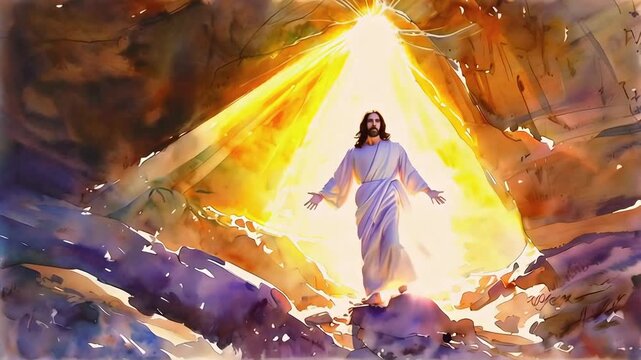 Detailed Artistic Depiction of the Resurrection of Jesus Christ, Capturing the Divine and Holy Moment of His Rising -- 4k new stock video footage AI
