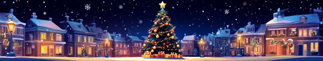 Fototapeta premium Breathtaking Arctic Landscape with a Majestic Christmas Tree at Center Stage on a Christmas Night