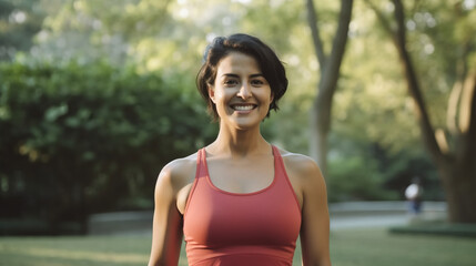 Fototapeta premium Portrait of a woman wearing yoga attire, and smiling as she stands outside on a lush green lawn at a Parisian park doing a morning workout, surrounded by trees and plants.