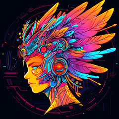 Obraz premium Beautiful womans face wearing phoenix costume illustration