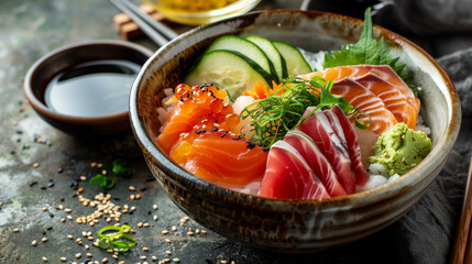 This composition features  of fresh sashimi, sweet tamago omelet, tangy pickled vegetables, and aromatic shiso leaves delicately arranged over a bed of sushi rice