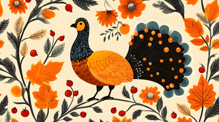 A colorful illustration featuring a bird among vibrant flowers and leaves.