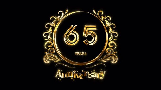 65th Anniversary Celebration. Happy 65 Years Anniversary Animation in Gold Color on the Transparent Background, Alpha Channel. Great for greetings, celebrations, events, and gifts.
