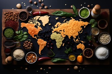 Diverse range of global cuisines. Top view of world map made of food ingredients and vegetables.
