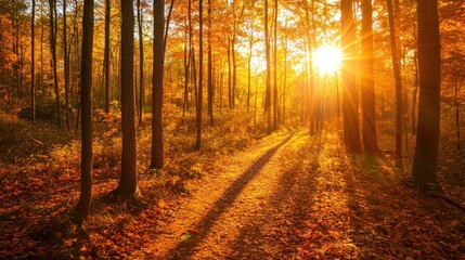 Obraz premium Golden Sunlight Illuminating a Path Through an Autumn Forest