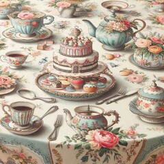 Vintage tea party oilcloth Oilcloth with vintage inspired tea pa