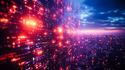 Obraz premium A picture of a city with a red light and a city in the background.