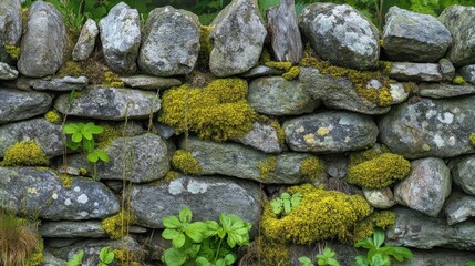 Weeds moss stone walls. Generative AI