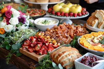 Brunch spread with a variet of dishes pastries. Village Breakfast with pastries, vegetables, greens, spreads, cheeses, fried eggs, jams.
