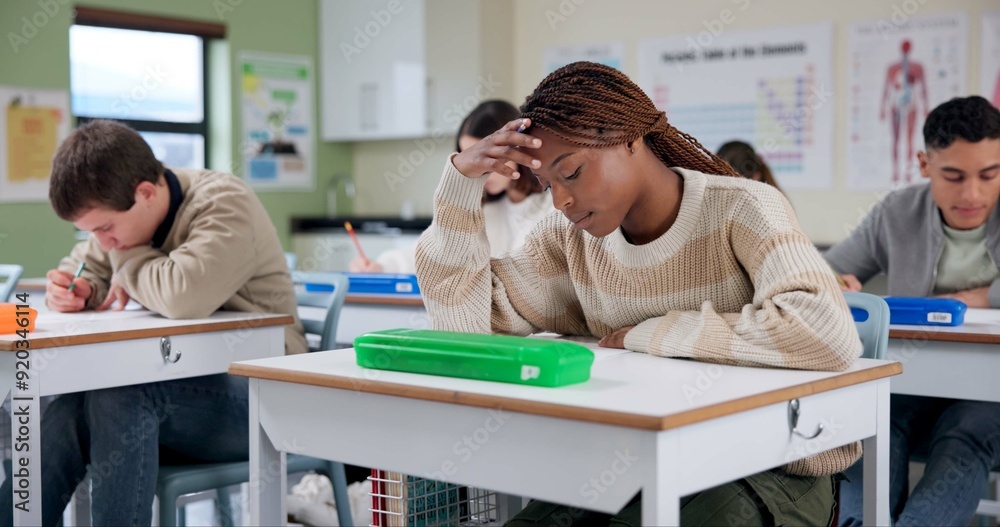 Aufkleber Thinking, girl and writing for test in class for university exams, project and academic assignment. Student, remember and brainstorm for learning, homework and education with development in classroom