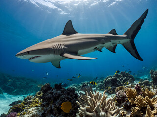 Obraz premium Tiger Shark Gliding Through Coral Reef