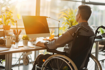 Disabled adult man in wheelchair lworking on the computer in the office on special table. An inclusive form of workspace, social issues concept