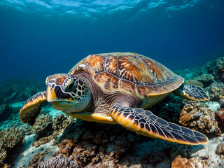 Obraz premium Majestic Sea Turtle Gliding Through Coral Reef