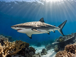 Obraz premium Majestic Tiger Shark in Vibrant Coral Reef