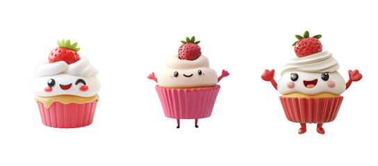 Cupcake with cream and strawberry on top, happy face, in the style of a cartoon character, white background,