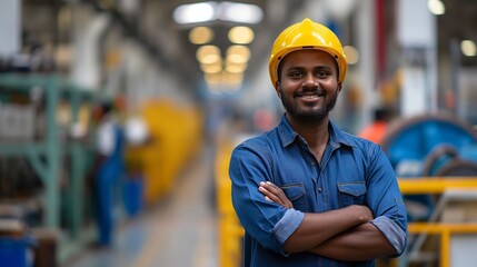 Smiling Indian Industrial Worker Wearing Hard Hat in Modern Manufacturing Facility