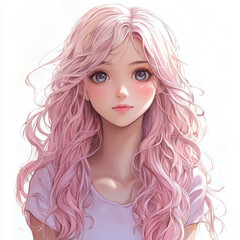 Fototapeta premium portrait of anime girl in close-up. Anime girl with beautiful pink hair is smiling happily. Bright colorful abstract background. girl smiles and laughs