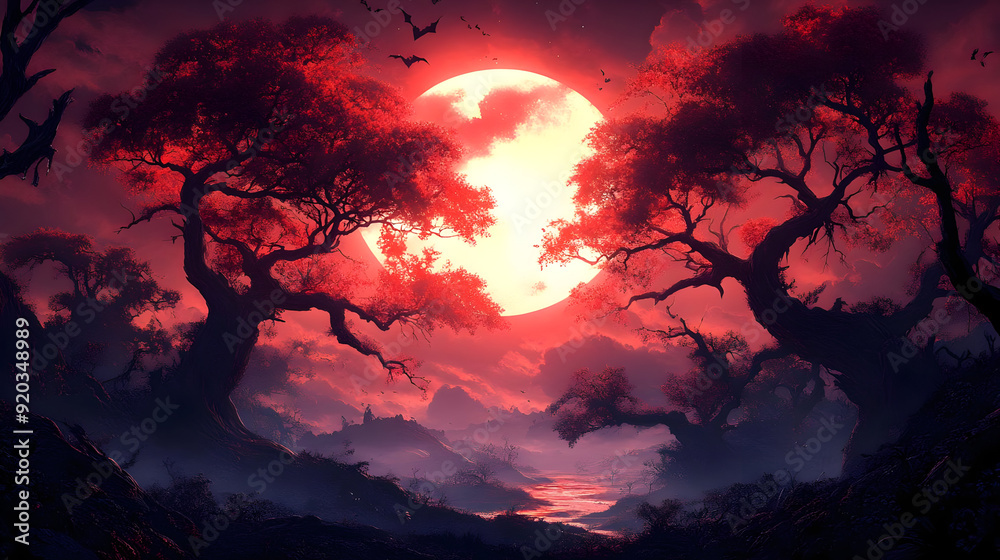 Poster A mystical landscape featuring a large moon, dark trees, and a dramatic red sky.