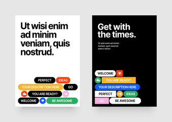 Obraz premium Layout template with geometric shapes and y2k patches, labels, tags, stickers for flyer, poster, cover, brochure or banner. 