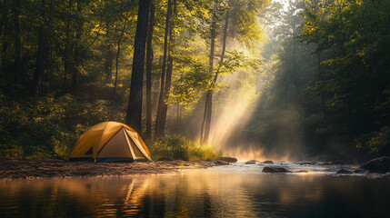 A serene morning scene of a tent by a tranquil forest stream, with mist rising from the water and sunlight breaking through the trees.