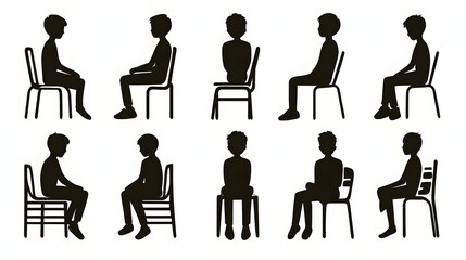 Silhouette illustrations of seated boys in various postures on chairs.